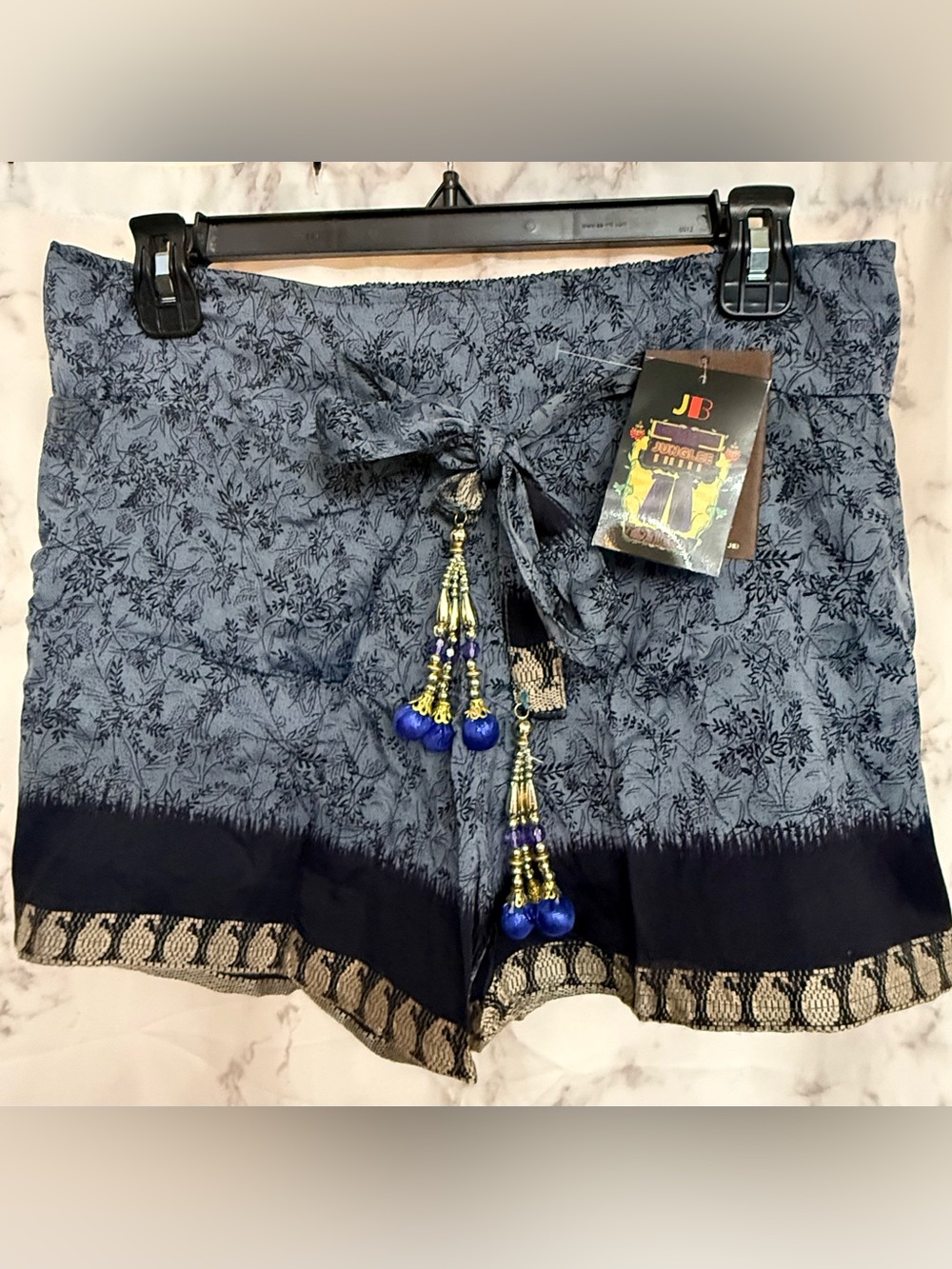 Junglee Billee Women’s High Waist Blue Printed Shorts with Tassel Detail